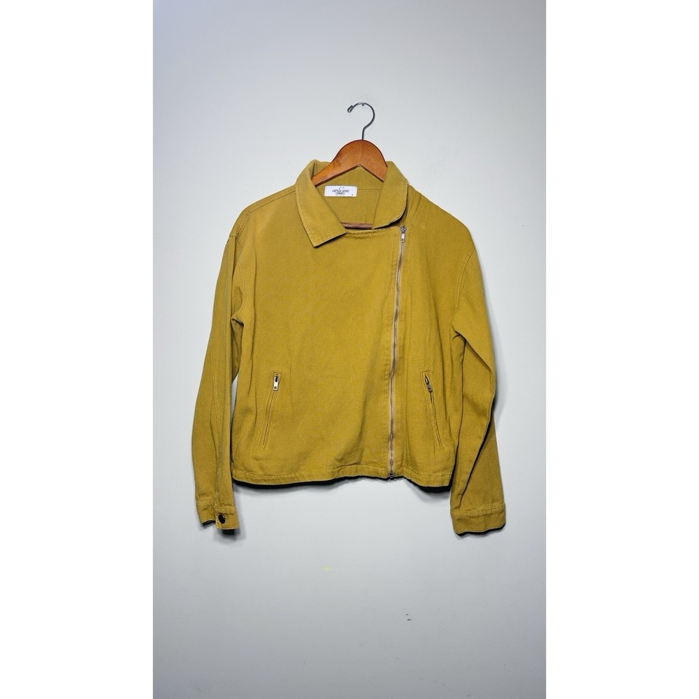 Carly Jean LA Women Small Asymmetrical Zip Moto Jacket Mustard Yellow Cropped - Picture 1 of 9